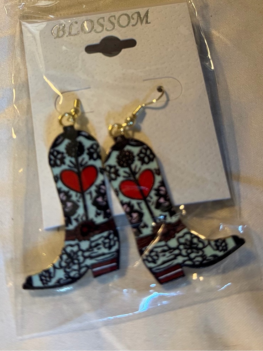 Red Heart Cowboy Boot Dangle Earrings - In Blue and Brown